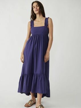 Free People Navy Blue Open Back Maxi Dress Bow Tie Straps Ruffle Hem Size M